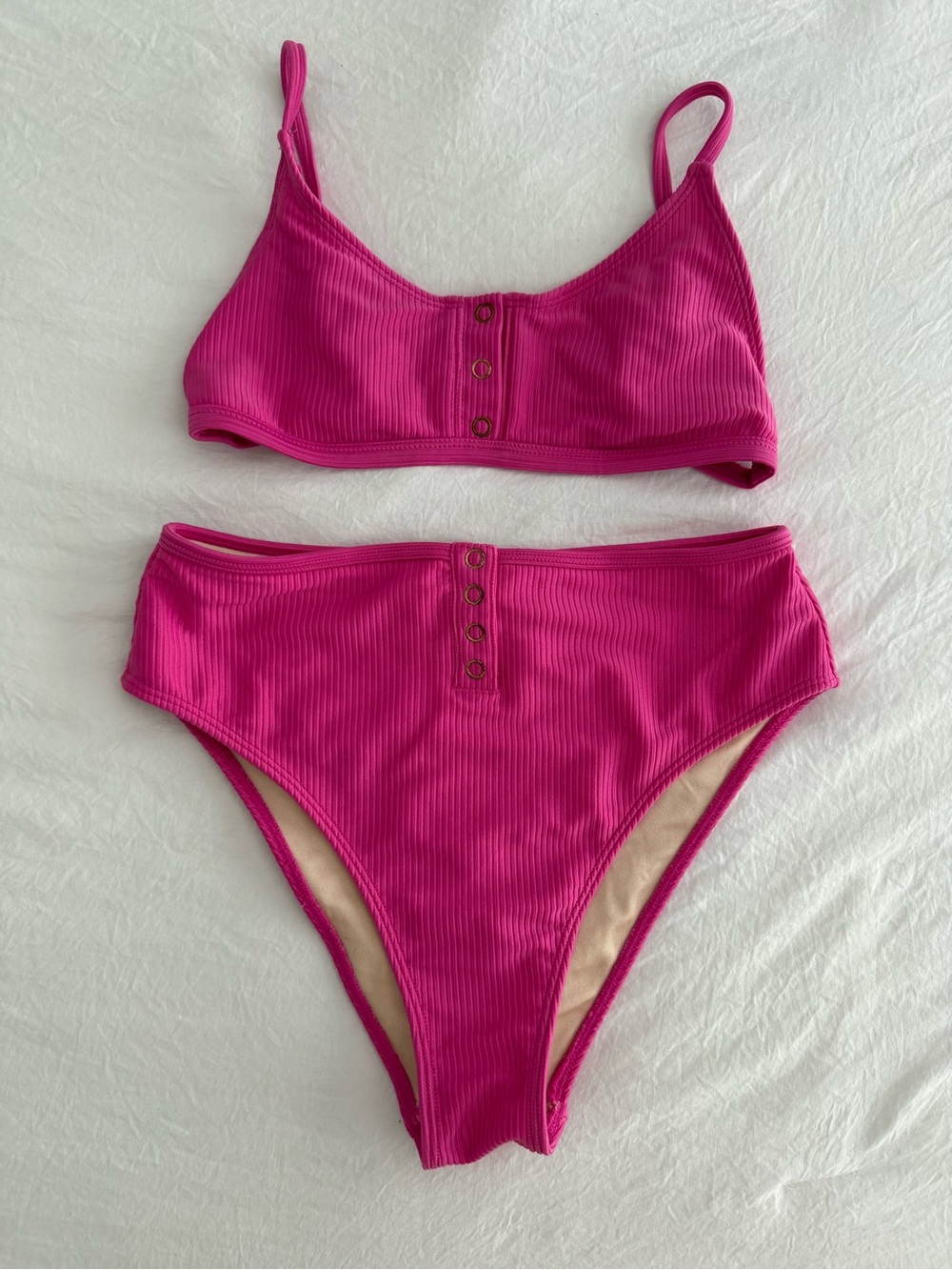 La Hearts Ribbed High-Waist Bikini Set in Hot Pink | Small
